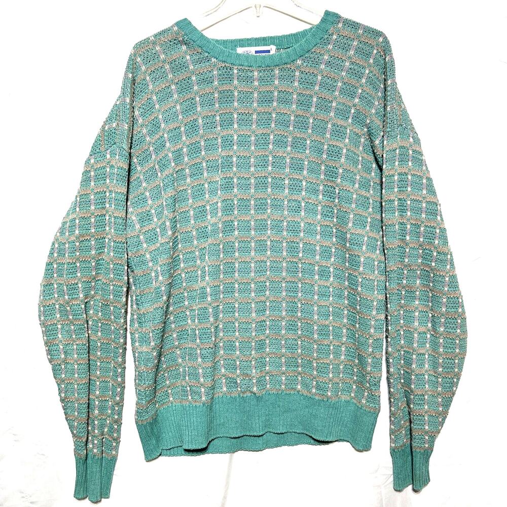 Vintage Arrow Dover Sweater Ramie Cotton Green Plaid Large White Tan 90s Rare